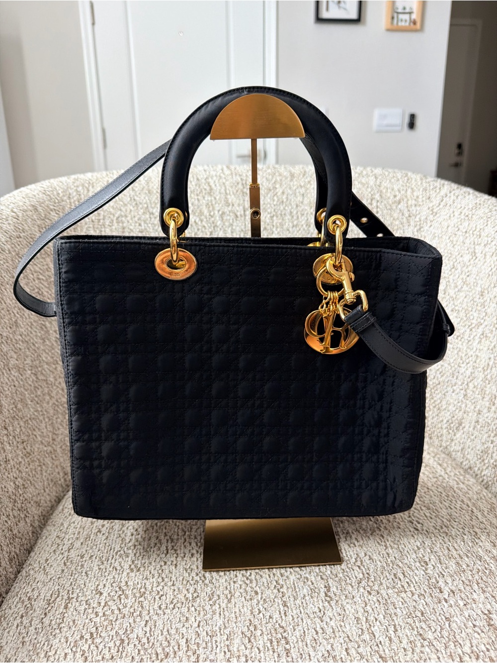 Vintage Christian Dior Medium Black Nylon Cannage Lady Dior Bag – 1997 w/ Strap